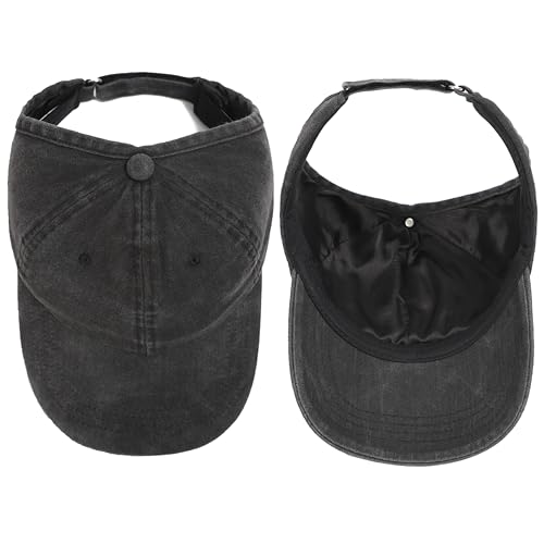 2 Pack Backless Cap for Women Natural Curly Hair Hat Baseball Cap Afro Puff Ponytail Hat - color: Black＆gr
