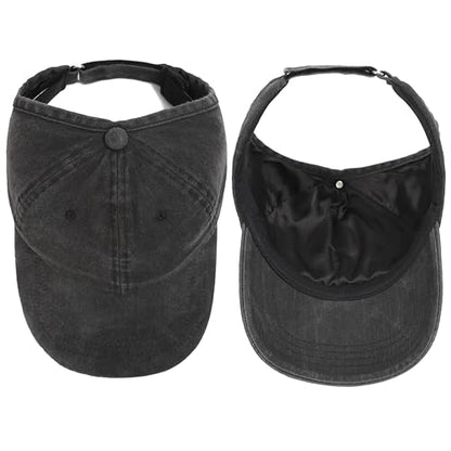 2 Pack Backless Cap for Women Natural Curly Hair Hat Baseball Cap Afro Puff Ponytail Hat - color: Black＆gr