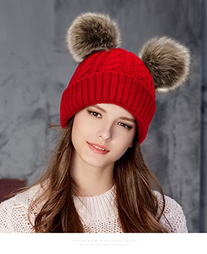 Arctic Paw Pom Pom Beanie Cable Knit Fleece Lined Winter Beanie Women Hat - color: Red_twist