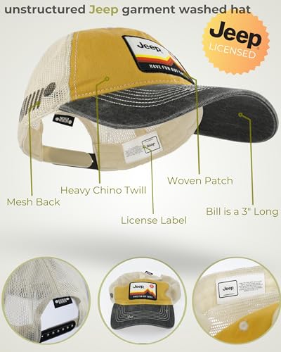 Jeep Have Fun Out There Patch Garment Washed Trucker Hat Unstructured for Men & Women - Adjustable Snapback Baseball Cap - color: Yellow