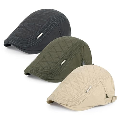 3Pcs Cotton Newsboy Hat for Men Cool Adjustable Flat Cap - color: Jcx-darkgrey+beige+green