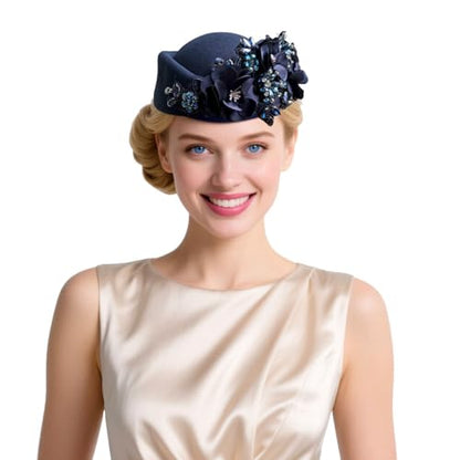 Women's Retro British Felt Headscarf Hat Church Derby Headdress with Floral Women's Soft Beret - color: Navyblue