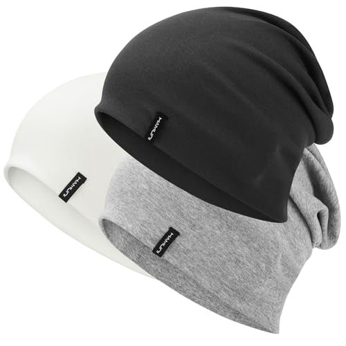 HAMUNI Slouchy Beanie for Women Men Soft Cotton Chemo Hats Double-Layer Warm Beanie Cap for Daily Wear & Transitional Seasons - color: Black+white+grey
