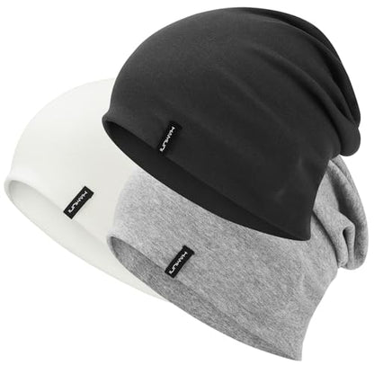 HAMUNI Slouchy Beanie for Women Men Soft Cotton Chemo Hats Double-Layer Warm Beanie Cap for Daily Wear & Transitional Seasons - color: Black+white+grey