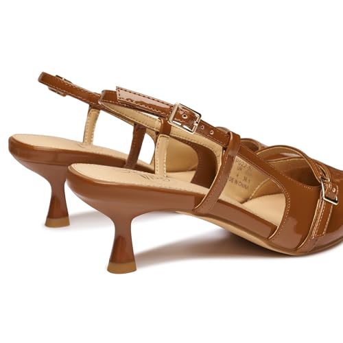 Trary Slingback Heels for Women - Pointed Toe Pumps, Comfortable & Stylish for Parties & Work - 3.2inch High Heels, Rhinestone & Glitter Dressy Shoes - color: Patent Brown-b, size: 7.5