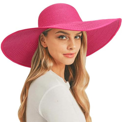 AQOKKA Sun Hats for Women Big Straw Wide Brim Summer Beach Hat Floppy Foldable Roll up Cap for Outdoor UPF 50+ - color: Wide Brim : Deep Pink