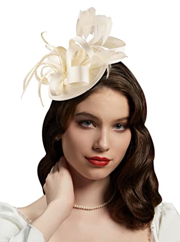 Kentucky Derby Fascinators for Women High Tea Party Hat Wedding Cocktail Flower Headware with Mesh and Feathers - color: Y-beige
