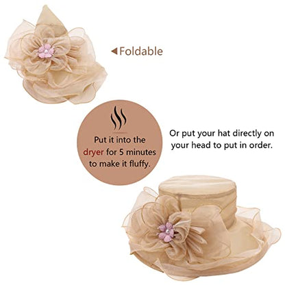 AQOKKA Women Organza Church Fascinators Kentucky Derby Hats for Women and Girls Wedding Flower Tea Party Hat with Wide Brim - color: Simulated Flower : Khaki