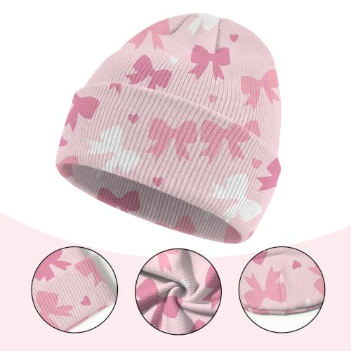 Kids Beanie Knit Hat Winter Unisex Cuffed Beanies Skull Cap Warm Double Layer Thick Acrylic Cute for Girls Boys - color: Pink Bowknot