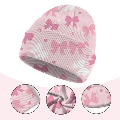 Kids Beanie Knit Hat Winter Unisex Cuffed Beanies Skull Cap Warm Double Layer Thick Acrylic Cute for Girls Boys - color: Pink Bowknot