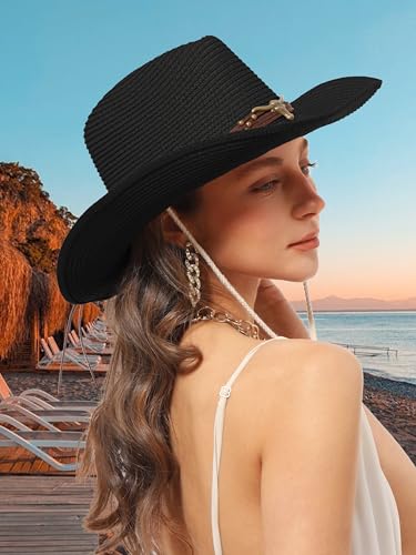 Straw Cowboy Sun Hat Western Cowgirl Women Men with Windproof Chin Strap - color: 블랙.