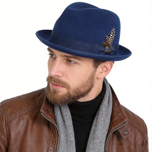 FORBUSITE Wool Felt Wide Brim Fedora Hats for Women Men - color: B5070-lm-blue, size: Medium