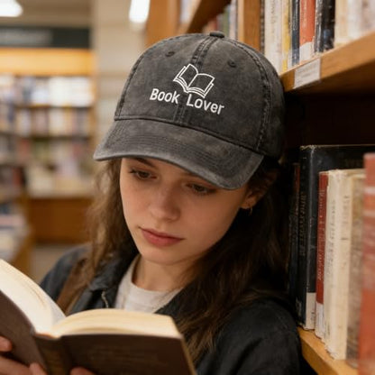 Embroidered Book Lover Baseball Cap for Men Women, Funny Washed Cotton Classic Dad Hat, Reading Lover Gift Idea - color: Book Lover, Black