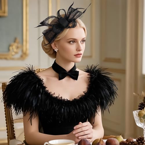 Zinniday Victoria Tea Party Hat - 2025 Bow Derby Attire Hats with Hairpin,1920s 50s Feather Fascinators for Women - color: Black