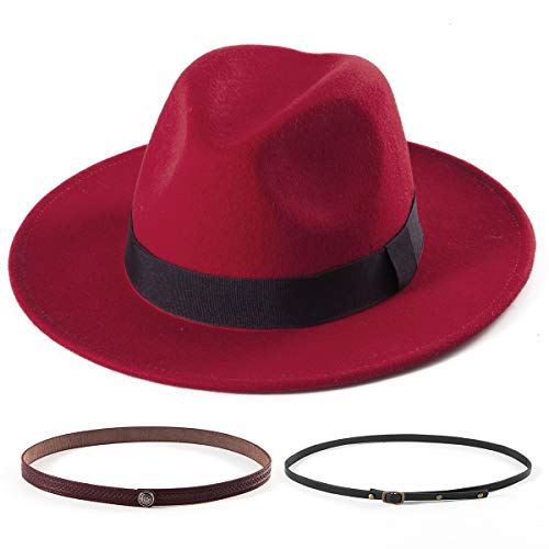 Felt Wide Brim Fedora Hats for Women Men, with Band Belt Buckle, Adjustable - color: 006 Wine Red
