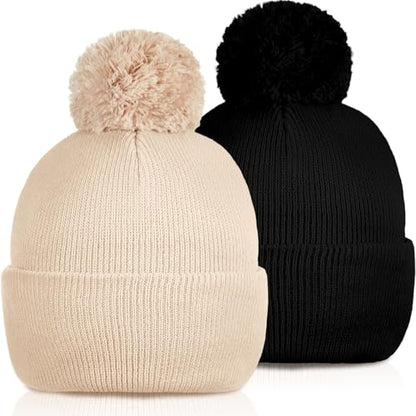 Geyoga 2 Pcs Pom Beanie Hat Men Women Winter Hat Pom Knit Cap Beanies with Ball at Top Acrylic Winter Cap with Cuff - color: Beige,black, style: Classical