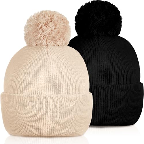 Geyoga 2 Pcs Pom Beanie Hat Men Women Winter Hat Pom Knit Cap Beanies with Ball at Top Acrylic Winter Cap with Cuff - color: Beige,black, style: Classical