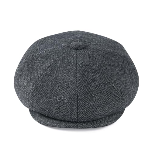 Men Wool Blend 8 Panel Newsboy Cap - color: Tweed Herringbone Grey, size: 7 1/8