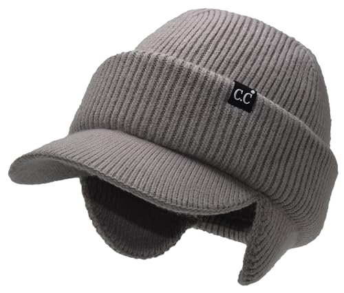 C.C Beanie Strechy Snug Fit Soft Knit Hat with Visor Brim & Ear Warmer Flaps - color: Light Taupe