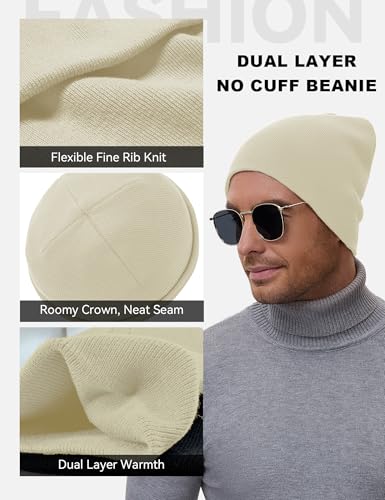 ROYBENS 100% Cotton No Cuff Beanie Hat Men Women, Fisherman Skull Cap - color: Beige