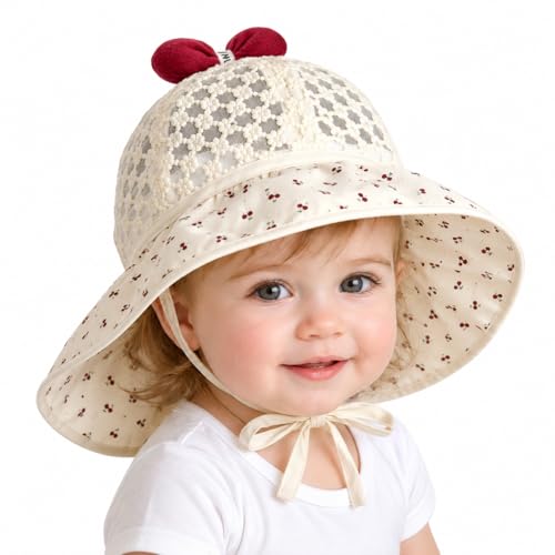 Toddler Girls Sun Hat - Wide Brim Bucket Hat with Neck Flap, Crochet Lace, Adjustable Strap (1-4 Years) - color: Burgundy Bow