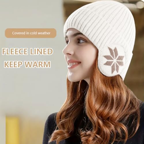 Knit Beanie Hat with Earflaps – Winter Warm Thick Fleece Lined Ski Skull Cap for Men Women - color: White
