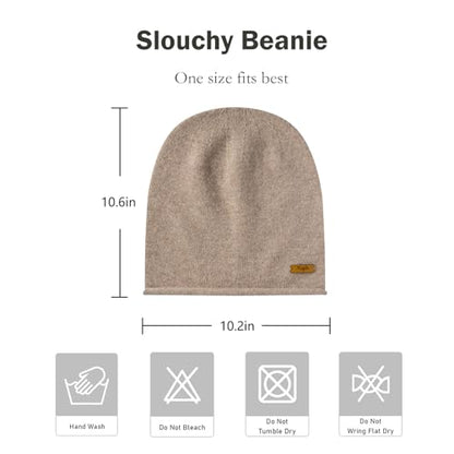 100% Merino Wool Slouchy Beanie Hat, Women Warm Winter Caps Soft, Ladies Breathable & Cozy Stretchy Knitted Skull Cap - color: Light Camel