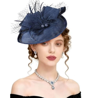 AQOKKA Women Fascinators Hats Flower Mesh Feathers Headband Clip - color: 1 Pc Feather Fascinators : Navy Blue