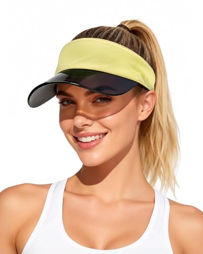 Transparent Sun Visor Hat for Women Men - UPF 50+ Clear Brim Adjustable Drawstring for Golf Tennis Pickleball - color: Lemon Yellow
