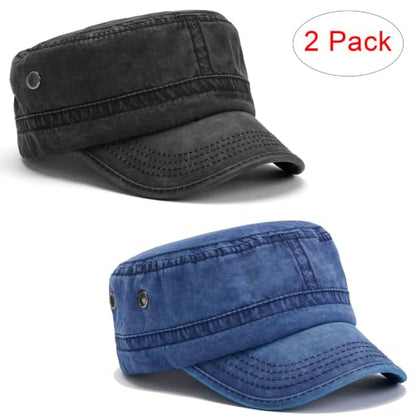 2 Pack Military Caps for Men Women, Washed Cotton Cadet Army Hats - color: Black+navy