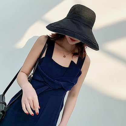 Women Wide Brim Sun Hats Metal Wired Edge Summer UV Protection Beach Fishing Hat for Hiking Garden Travel Chin Strap - color: Lant001-black, size: One Size