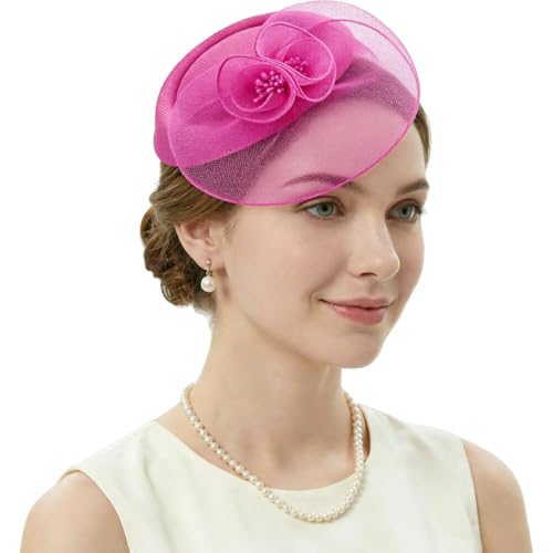 DRESHOW Fascinator Hats for Women Cocktail Tea Party Hat Netted Pillbox Hat Vintage Derby Hats for Bridal Wedding - color: Pillbox Hat: Rose Pink