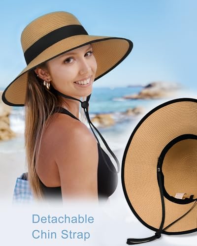 Sun Straw Hats for Women, Wide Brim Summer Beach Hat - color: Khaki Black, size: Large