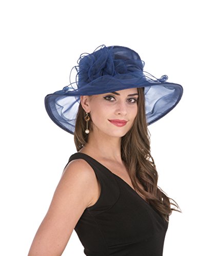 Haojing Women's Organza Church British Fascinator Bridal Tea Party Wedding Hat Summer Ruffles Cap - color: Hjh-navy Blue Flower