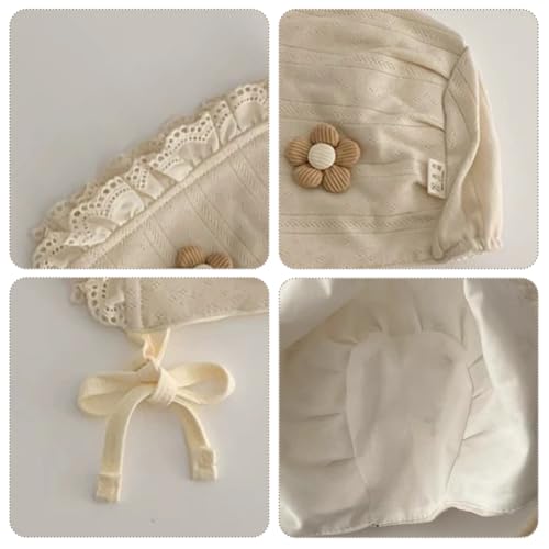 Lovely Baby Girl Bonnet Soft Ruffle Brimmed Newborn Baby Beanie - color: Beige Flower & Pink Flower