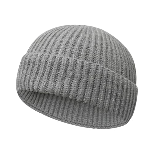 Wool Fisherman Beanies for Men Women Short Cuff Knit Beanie - color: Grey