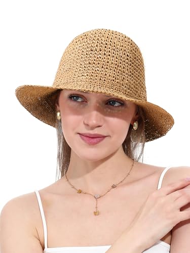 sy soul young Women's Straw Sunhat Wide Brim Hand Woven Beach Bucket Hat - color: Khaki