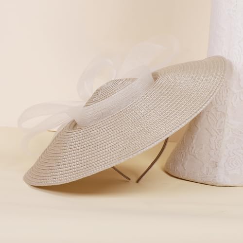 HIMESPORT Straw Cocktail Fascinators Hat for Women Ladies Wide Brim Church Wedding Bride Derby Tea Party Hats with Mesh Bow - color: Champagne