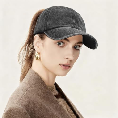 Women Washed Baseball Cap Vintage Blank Hat with Ponytail Hole - color: Black