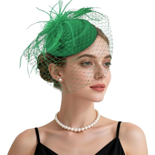 Fascinator Hat Veil Feather Fascinator Tea Party Bridal Wedding Veil Retro Hat Pillbox Hat - color: Green