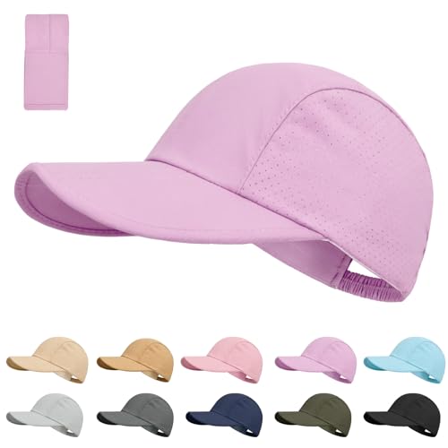 Foldable Baseball Cap for Men and Women,Long Brim Breathable Baseball Hats Quick Dry Sun Protection Collapsible Portable Hat - color: Purple