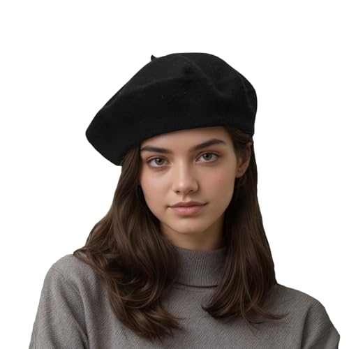 French Beret Hats for Women - Classic Wool Beret Hats Soft Knit Winter Cloche for Daily Outfits - color: Black