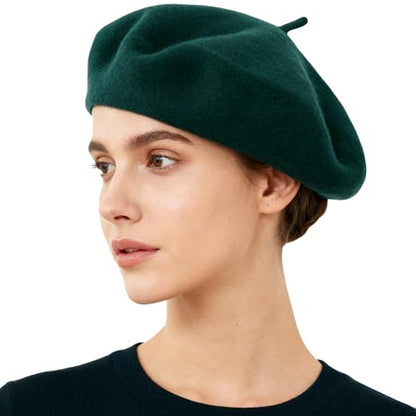 Women French Beret Hat Solid Artist Hat Wool Beret Winter Warm Beanie Cap - color: Dark Green