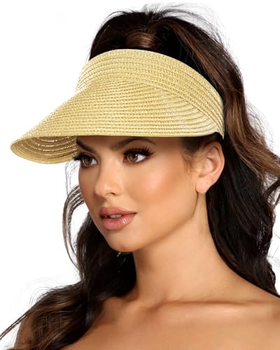 EW EastWater Beach Sun Visor Hats for Women, Wide Brim UPF50+ Sun Protection Straw Hat Packable Foldable for Summer - color: Beige, size: Medium