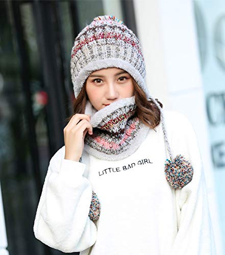 Ypser Women's Winter Warm Knitted Crochet Hat Fleece Lined Cable Faux Fur Pom Pom Beanie Hat Skull Cap - color: Gray 2 Pcs Set (Hat & Scarf)