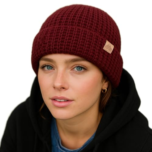 PolarWool™ L/XL/XXL Merino Wool Waffle Fisherman Beanie Watch Cap Dual-Layer 2 Styles Warm Winter Knit Hat for Men Women - color: Burgundy(ember), size: X-Large-XX-Large