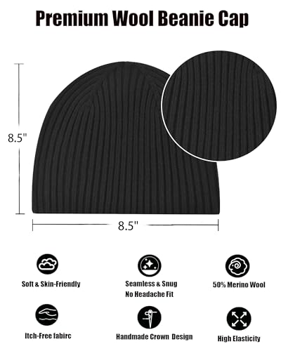 Wool Knit Beanie Hats for Men Women,Cuffless Winter Skull Caps - color: 1-black