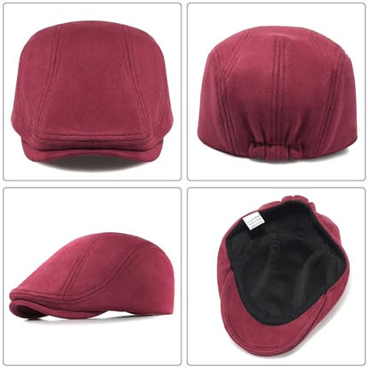 Xinveen Suede Cap Newsboy Hat Elastic Adjustment Beret Ivy Cap Irish Cabbie Driving Hunting Hats - color: Wine Red
