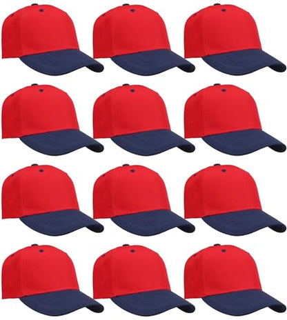 Falari Wholesale Bulk Lot 12-Pack Baseball Cap Adjustable Size Plain Blank Solid Color - color: Red/Navy