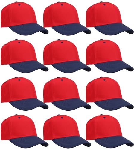 Falari Wholesale Bulk Lot 12-Pack Baseball Cap Adjustable Size Plain Blank Solid Color - color: Red/Navy